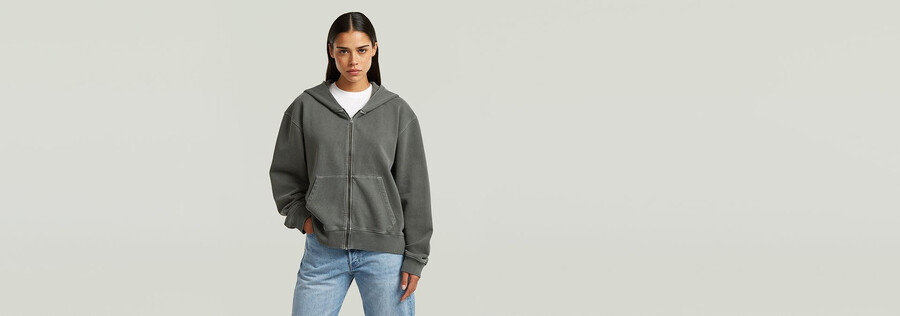 washed hoodie zip relaxed sweater
