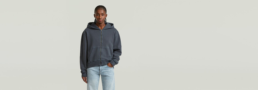 washed hoodie zip relaxed sweater
